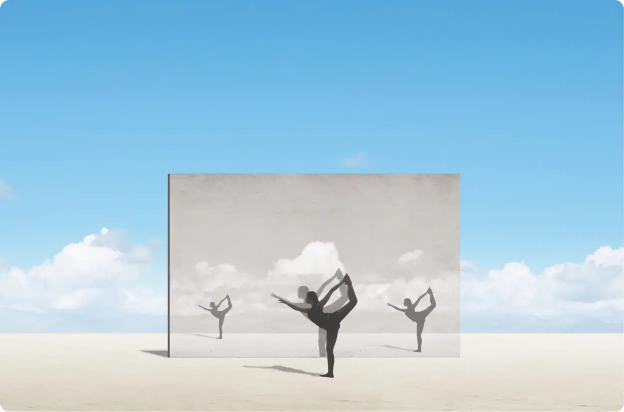 image of a woman on a desert dreamscape practicing yoga in front of a mirros with multiple reflections of herself to represent the combined benefits of yoga and psilocybin on self reflection.